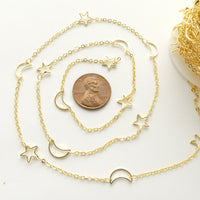 Chain, Gold Plated, Stars & Moon Connected by 1mm Cable Chain, 5 Meter Spool