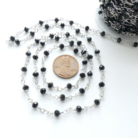 Chain, Rosary, Silver with Black 4mm Faceted Crystals, Sold by the Foot