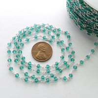 Chain, Rosary, Silver with Faceted 3mm Teal/Green Crystals, Sold by the food