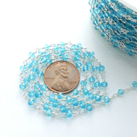 Chain, Rosary, Silver with Aqua Faceted 3mm Crystal Beads, Sold by the Foot