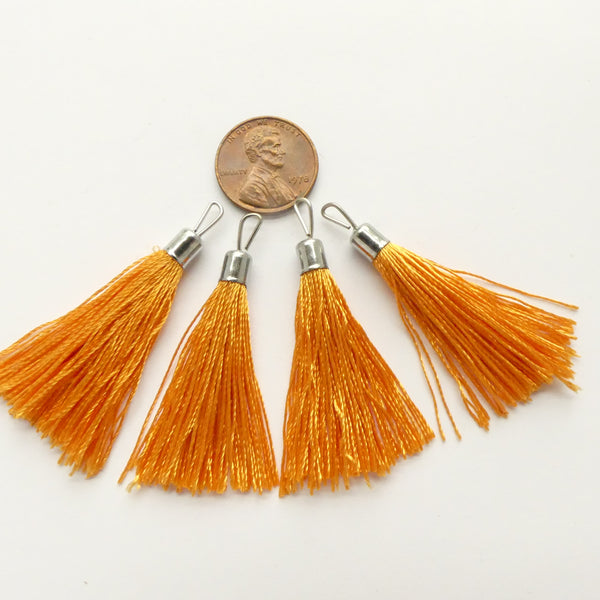 Tassels, 2 Inches Long, Orange with Silver Tone Tops, Set of 4