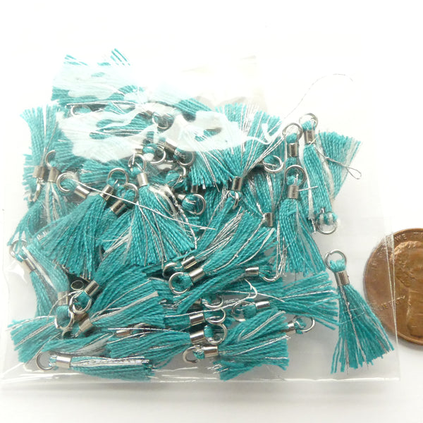 Tassels, 15mm Long Micro Tassels, Turquoise & Silver, Set of 50