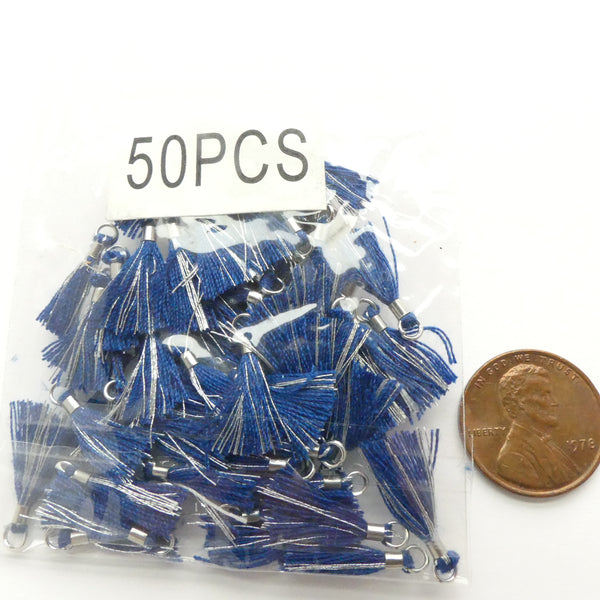 Tassels, 15mm Long, Blue & Silver, Set of 50
