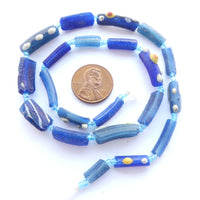 Ancient Glass Made into New Beads, Blues with Decoration, 16" Strand