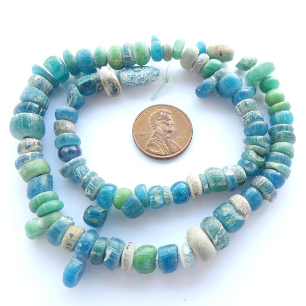 Indo-Pacific Beads, 6-9mm, Aqua with Light Patina, Short 14" Strand