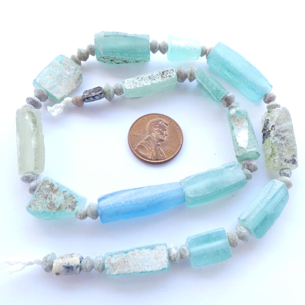 Ancient Glass Made into New Beads, Large Elongated Beads, Seafoam