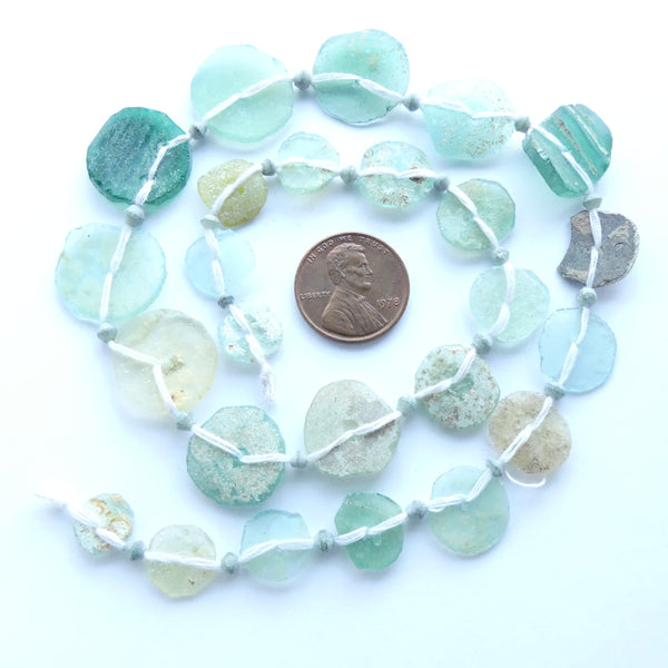 Ancient Glass Made into New Beads, Coin Shape, Seafoam