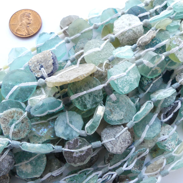 Ancient Glass Made into New Beads, Coin Shape, Seafoam