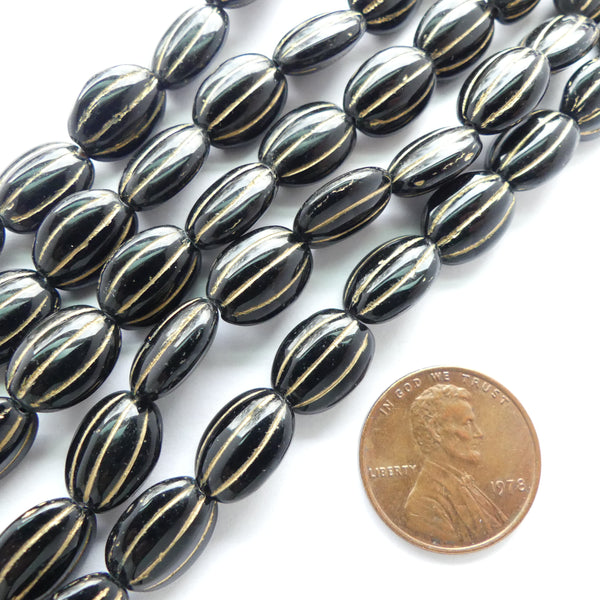 Czech Molded Glass, Flatened Melon Beads, 12x8mm, Black with Gold, 22-inch Strands