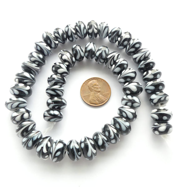 Chinese Glass, White Feathering on Black, Strands of 45 Beads, 8x10mm