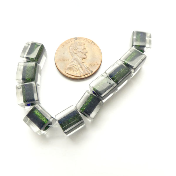 Olive Glass, Shimmering Forest Green Cased in Clear Glass, 8mm Cubes, Set of 10