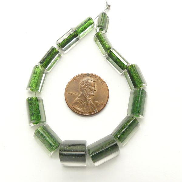 Olive Glass, Shimmering Forest Green Cased in Clear Glass, 10x6mm, Set of 14