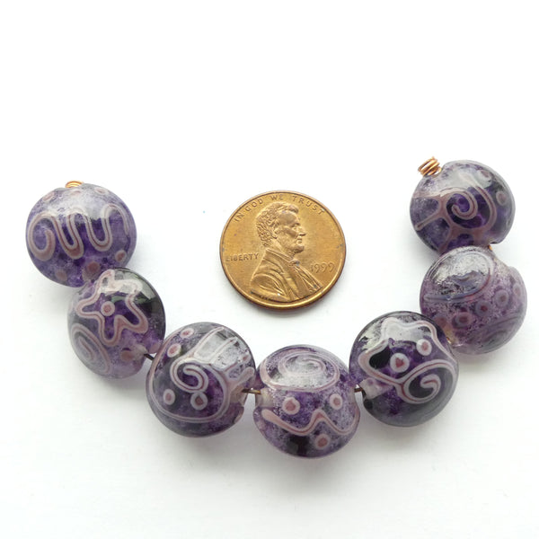 Lampworked Lentils, Purple Rock Art, 15mm Diameter, Set of 7