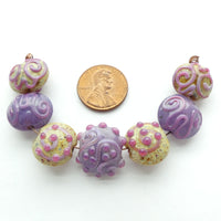 Lampworked Lentils, Purple Squiggles, 15mm Diameter, Set of 7