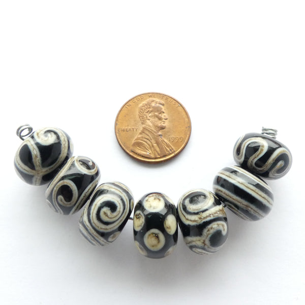 Chinese Glass Rondelles, Black, Beige Spirals and More, 8x13mm, Set of 7