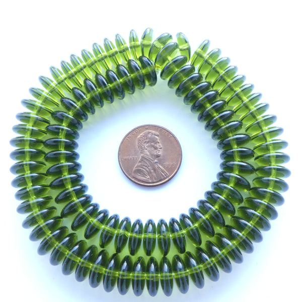 Czech Glass Rondelles, 10mm, Translucent Olive Green, Bag of 100 Beads