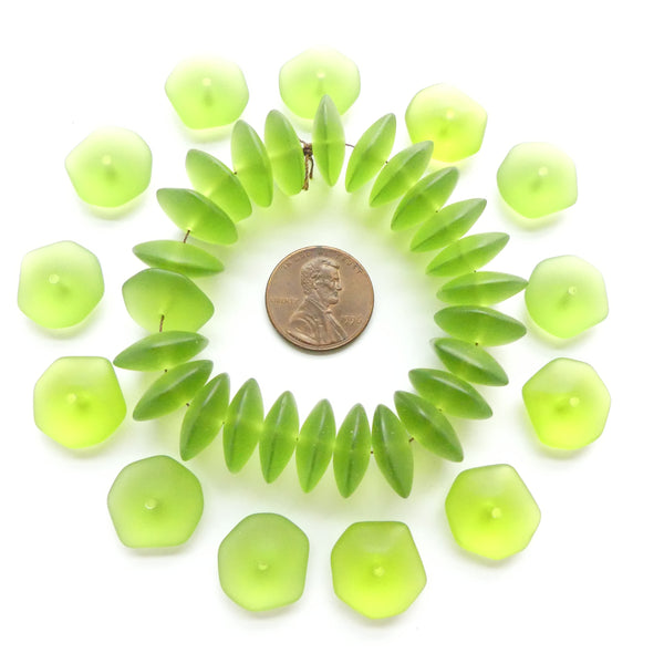 Czech, Large 6-Sided Rondelle, Translucent Lime Matte, 6x14mm, Set of 25