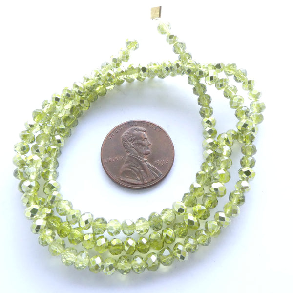 Faceted Glass "Dragon Crystal" 3x4mm, Lime Green, Iris-Coated 16" Strands