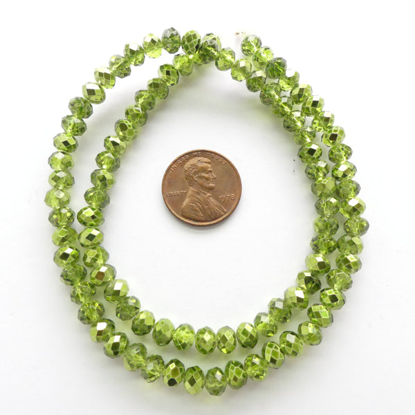 Faceted Glass "Dragon Crystal" 4x6mm, Lime with Metalic Green, 16" Strands