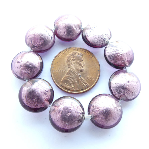 Genuine Venetian Foil Glass Beads, Purple Lentils, 12mm Diameter, Set of 9