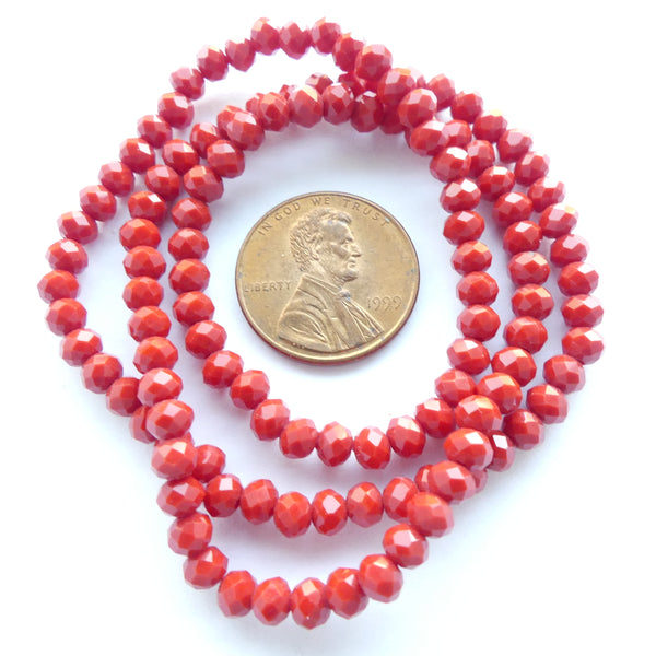 Faceted Glass "Dragon Crystal" 3x4mm, Red Opaque, 16-inch Strands