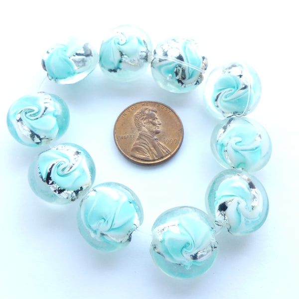 Chinese Lampworked Lentils, Aqua/Silver, 15mm, Set of 10