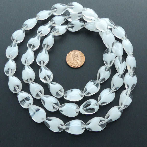 Vintage German White and Clear Glass, Flat Teardrops, 18x12mm
