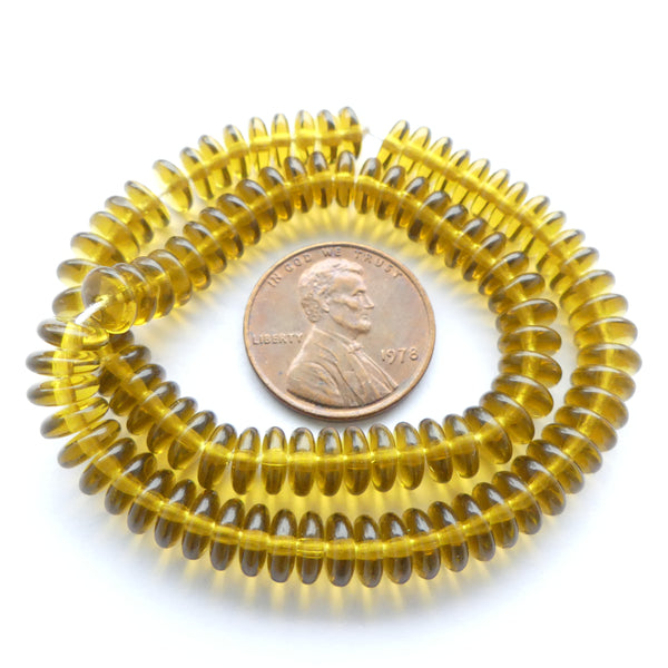 Czech Glass Rondelles, 6mm, Dark Translucent Olivine (Yellow-Green) Strands of 100