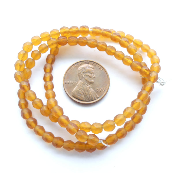 Czech Faceted Glass, 4mm, Amber, Dark Matte