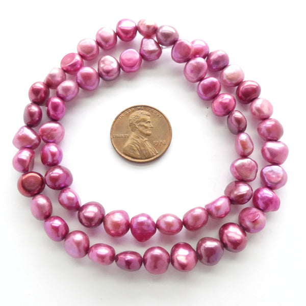 Pearls, Dyed Hot Pink Flattened Nuggets about 8x8mm on 16-inch Strands