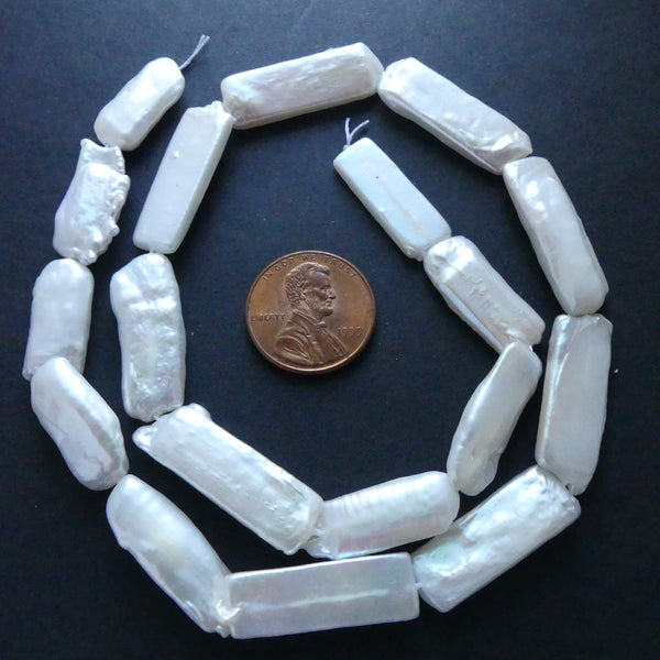 Pearls, White, Rectangles 25x8mm, on 16-inch strand