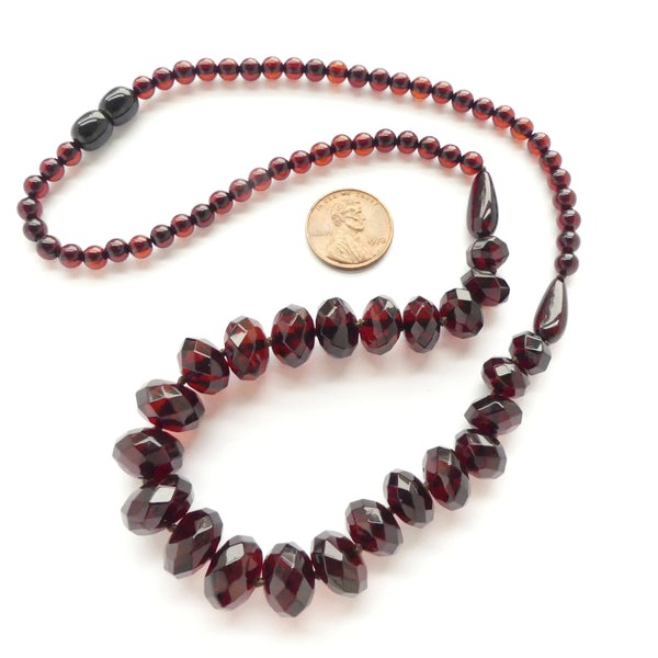Amber, Baltic, Cherry Necklace of Faceted and Round Beads, 20" Long