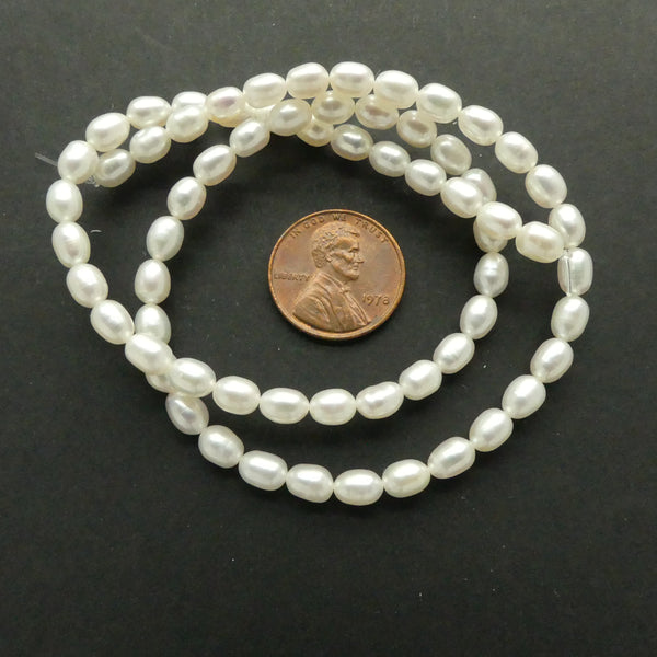 Pearls, White, Large Rice Shape, 6x5mm on 16" Strands