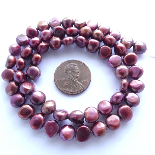 Pearls, Dyed Cranberry Smooth Buttons 7x8mm on 16-inch Strands