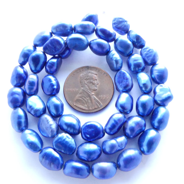 Pearls, Dyed Blue, Irregular Ovals, 10x5mm on 16" Strands