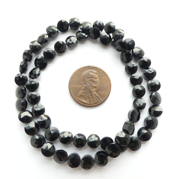Spinel, Black 6mm Faceted Coins on 14-Inch Strands