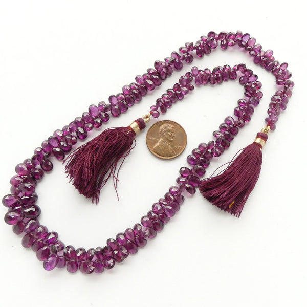 Garnet, Rhodolite Faceted Briolettes Gem Quality on 17-Inch Strand