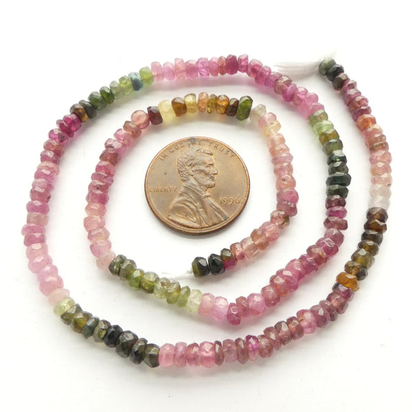 Tourmaline, Watermelon Colors 4mm Faceted Slices on 14-inch Strands