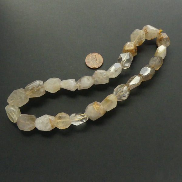 Rutilated Quart, Freeform Faceted Nuggets on 16-inch Strands