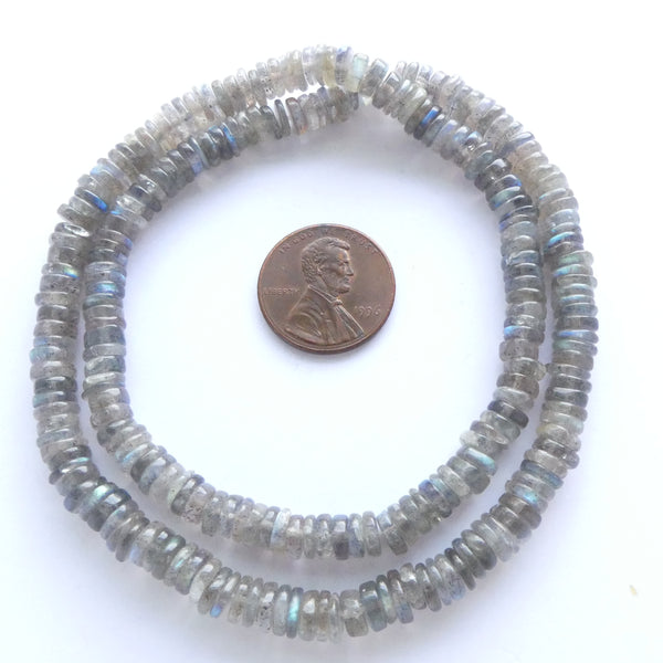 Labradorite, 6mm Smooth Slices, Medium Color Good Fire on 16-inch Strands