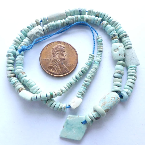 Ancient Turquoise, Heishi with Diamond Pendant, 16-inch Strand