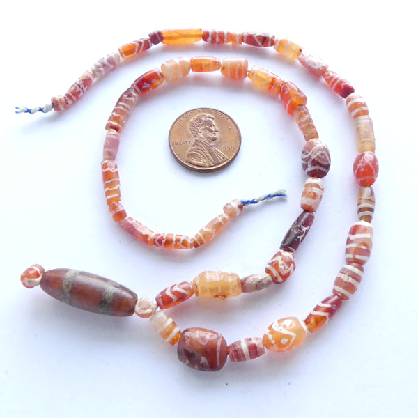 Carnelian, Ancient Etched from Afghanistan, Largest 20mm, 18-inch Strand