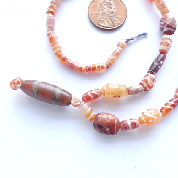 Carnelian, Ancient Etched from Afghanistan, Largest 20mm, 18-inch Strand