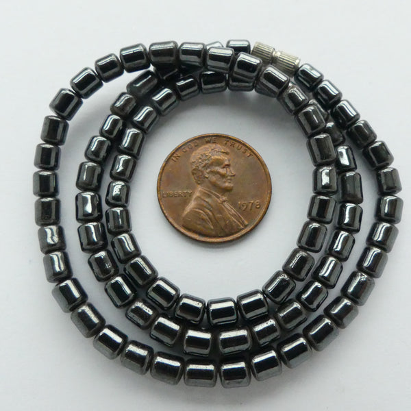 Hematite, Short Tubes 4mm on 16-inch strands