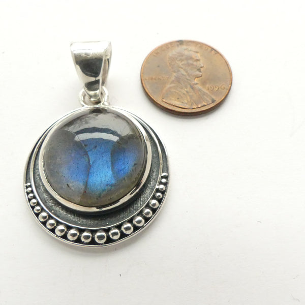 Labradorite Moon Pendant, Round 25mm Diameter, Set in Sterling Silver