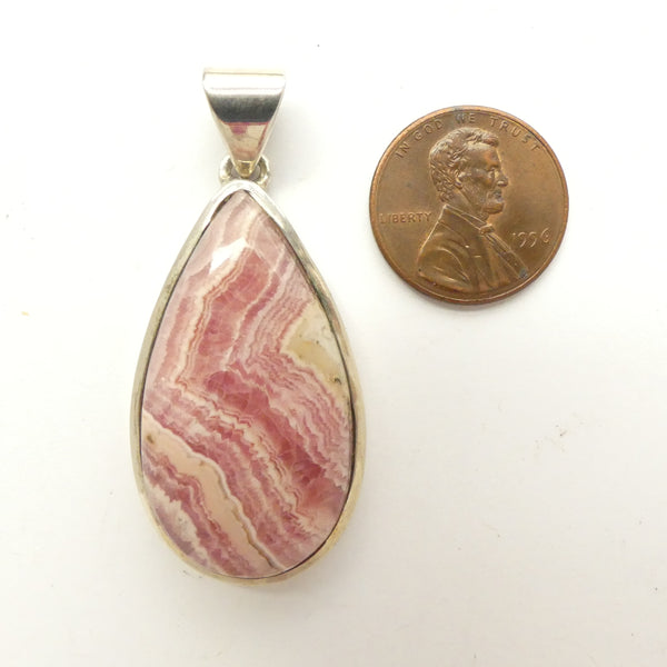 Rhodochrosite Pendant, Teardrop Shape Set in Sterling Silver, 47x22mm
