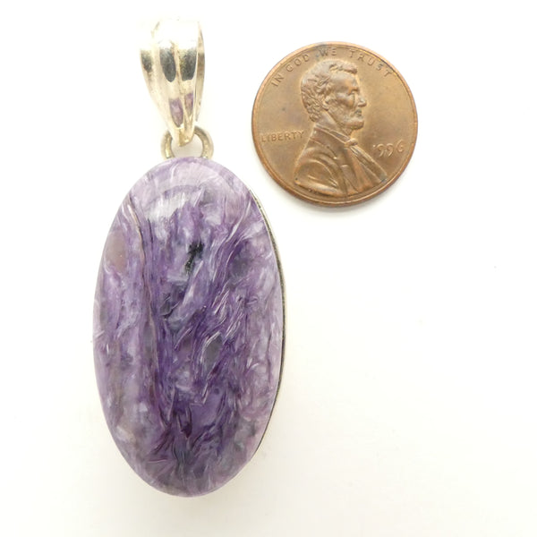 Charoite Pendant, Oval Set in Sterling Silver, 45x21mm