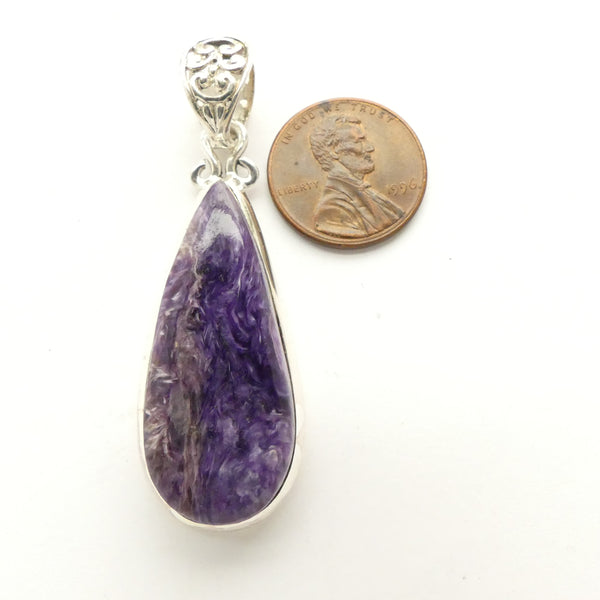 Charoite Pendant, Medium Teardrop Set in Sterling Silver, 55x18mm