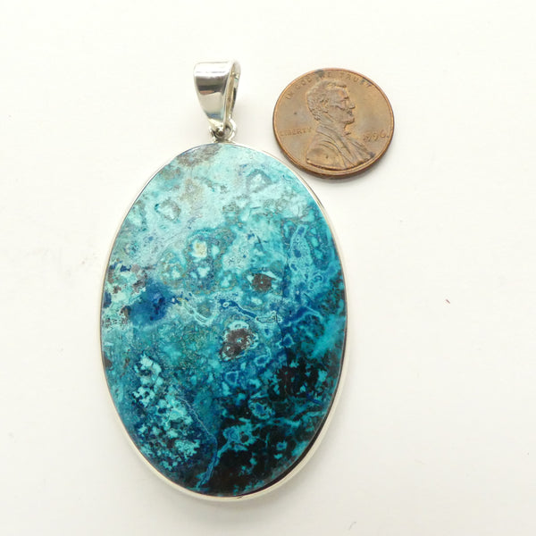 Chrysocolla Pendant, Large Oval Set in Sterling Silver, 65x36mm