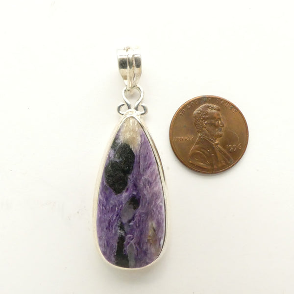 Charoite Pendant, Medium Teardrop Set in Sterling Silver, 52x18mm